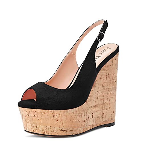 Aachcol Damen Keilabsatz Plateau Plattform Pumps Peep Open Zehenkappe Knöchelriemen Slingback Rückengurt Hoher High Absatz Heel Dress Schuhe Sandalen Wildleder Schwarz 15 cm 41 EU von Aachcol