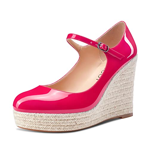 Aachcol Damen Keilabsatz Plateau Plattform Pumps Runde Zehenkappe Mary Jane Knöchelriemen Chunky Blockabsatz Hoher High Absatz Heel Dress Schuhe Lackleder Magenta Rot C 10 cm 45 EU von Aachcol
