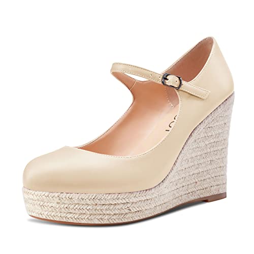 Aachcol Damen Keilabsatz Plateau Plattform Pumps Runde Zehenkappe Mary Jane Knöchelriemen Chunky Blockabsatz Hoher High Absatz Heel Dress Schuhe Pumps Hochzeit Matt Beige b 10 cm 41 EU von Aachcol
