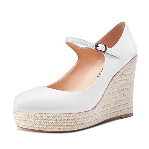 Aachcol Damen Keilabsatz Plateau Plattform Pumps Runde Zehenkappe Mary Jane Knöchelriemen Chunky Blockabsatz Hoher High Absatz Heel Dress Schuhe Pumps Hochzeit Matt Weiß 10 cm 38 EU von Aachcol