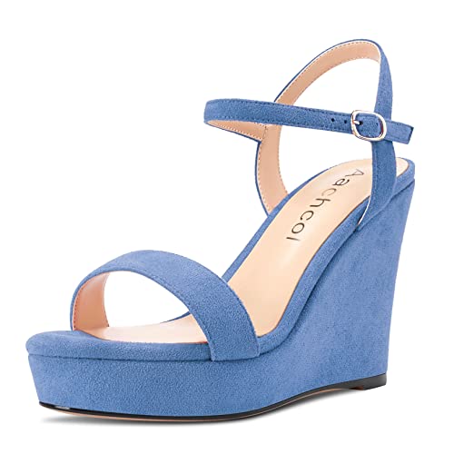 Aachcol Damen Keilabsatz Plateau Plattform Sandalen Peep Open Zehenkappe Knöchelriemen Slingback Chunky Blockabsatz Hoher High Absatz Heel Dress Schuhe Pumps Wildleder Hellblau 10 CM 40 EU von Aachcol