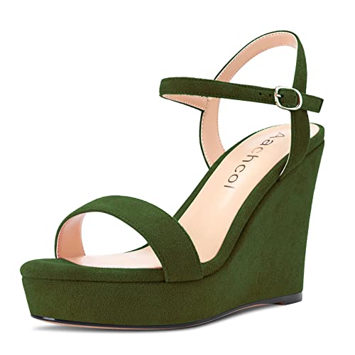 Aachcol Damen Keilabsatz Plateau Plattform Sandalen Peep Open Zehenkappe Knöchelriemen Slingback Chunky Blockabsatz Hoher High Absatz Heel Dress Schuhe Pumps Wildleder Olive Grün 10 CM 36 EU von Aachcol