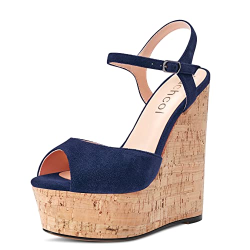 Aachcol Damen Keilabsatz Plateau Plattform Sandalen Peep Open Zehenkappe Knöchelriemen Slingback Rückengurt Hoher High Absatz Heel Dress Schuhe Pumps Wildleder Marineblau 15 CM 35 EU von Aachcol