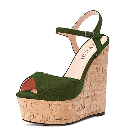 Aachcol Damen Keilabsatz Plateau Plattform Sandalen Peep Open Zehenkappe Knöchelriemen Slingback Rückengurt Hoher High Absatz Heel Dress Schuhe Pumps Wildleder Olive Grün 15 CM 37 EU von Aachcol