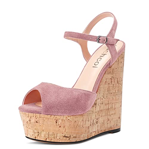 Aachcol Damen Keilabsatz Plateau Plattform Sandalen Peep Open Zehenkappe Knöchelriemen Slingback Rückengurt Hoher High Absatz Heel Dress Schuhe Pumps Wildleder Rosa B 15 CM 37 EU von Aachcol