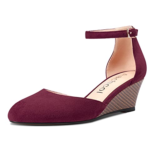 Aachcol Damen Keilabsatz Pumps Geschlossene Runde Zehenkappe Two-Piece Mittlerem Absatz Heel Knöchelriemen Dress Schuhe Hochzeit 5 cm Burgund Wildleder 41 EU von Aachcol