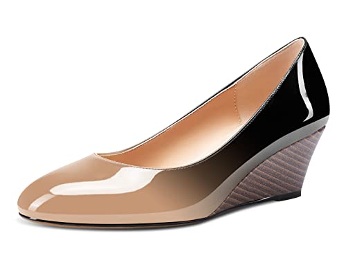 Aachcol Damen Keilabsatz Pumps Mittlerem Absatz Heel Geschlossene Runde Zehenkappe Slip-on Hochzeit Büroschuhe Dress Schuhe 5 cm Beige Schwarz Lackleder 37 EU von Aachcol