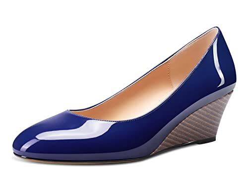 Aachcol Damen Keilabsatz Pumps Mittlerem Absatz Heel Geschlossene Runde Zehenkappe Slip-on Hochzeit Büroschuhe Dress Schuhe 5 cm Navy Blau Lackleder 43 EU von Aachcol
