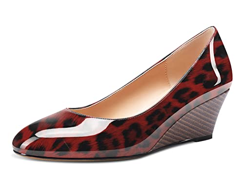 Aachcol Damen Keilabsatz Pumps Mittlerem Absatz Heel Geschlossene Runde Zehenkappe Slip-on Hochzeit Büroschuhe Dress Schuhe 5 cm Rot Leopard 38 EU von Aachcol