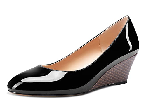 Aachcol Damen Keilabsatz Pumps Mittlerem Absatz Heel Geschlossene Runde Zehenkappe Slip-on Hochzeit Büroschuhe Dress Schuhe 5 cm Schwarz Lackleder 40 EU von Aachcol