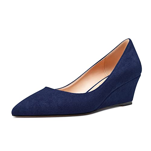 Aachcol Damen Keilabsatz Pumps Mittlerem Absatz Heel Spitze Zehenkappe Slip-on Dress Schuhe Hochzeit Party 5 cm Navy Blau Wildleder 35 EU von Aachcol