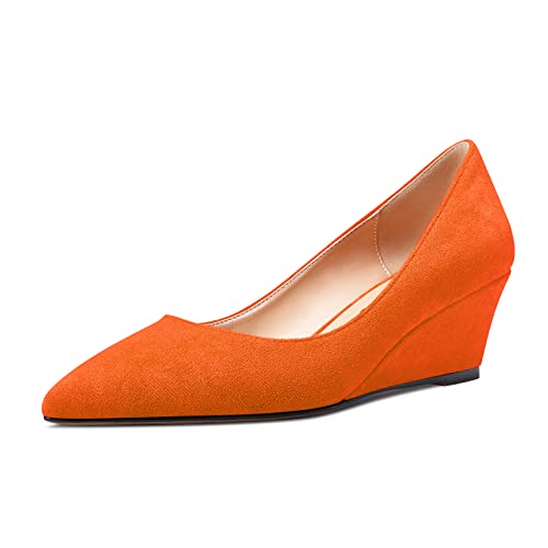 Aachcol Damen Keilabsatz Pumps Mittlerem Absatz Heel Spitze Zehenkappe Slip-on Dress Schuhe Hochzeit Party 5 cm Orange Wildleder 36 EU von Aachcol