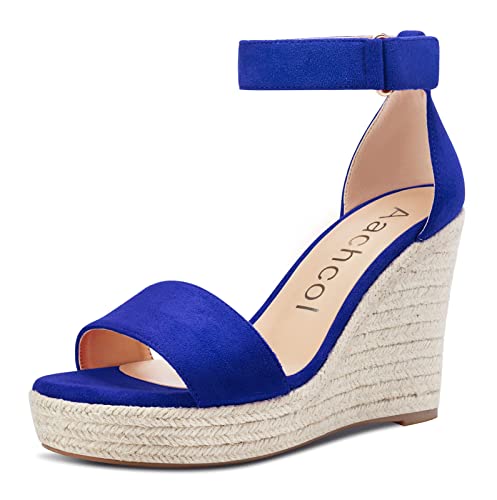 Aachcol Damen Keilabsatz Sandalen Knöchelriemen Open Zehenkappe Hoher High Absatz Heel Klassisch Cute Dress Schuhe 10 CM Blau 2 Wildleder 38 EU von Aachcol