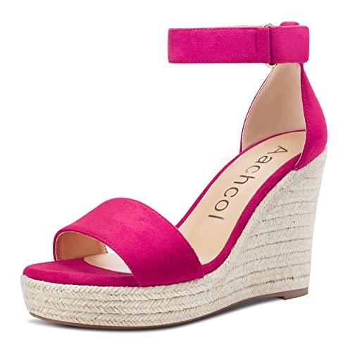 Aachcol Damen Keilabsatz Sandalen Knöchelriemen Open Zehenkappe Hoher High Absatz Heel Klassisch Cute Dress Schuhe 10 CM Magenta Rot 2 Wildleder 39 EU von Aachcol