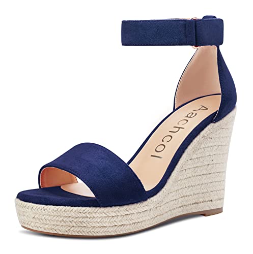 Aachcol Damen Keilabsatz Sandalen Knöchelriemen Open Zehenkappe Hoher High Absatz Heel Klassisch Cute Dress Schuhe 10 CM Navy Blau Wildleder 38 EU von Aachcol