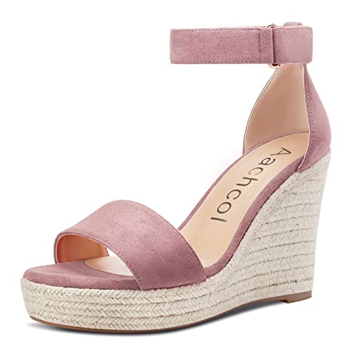 Aachcol Damen Keilabsatz Sandalen Knöchelriemen Open Zehenkappe Hoher High Absatz Heel Klassisch Cute Dress Schuhe 10 CM Rosa 2 Wildleder 38 EU von Aachcol