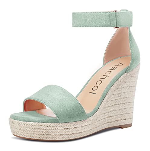 Aachcol Damen Keilabsatz Sandalen Knöchelriemen Open Zehenkappe Hoher High Absatz Heel Klassisch Cute Dress Schuhe 10 CM Türkis Grün Wildleder 37 EU von Aachcol