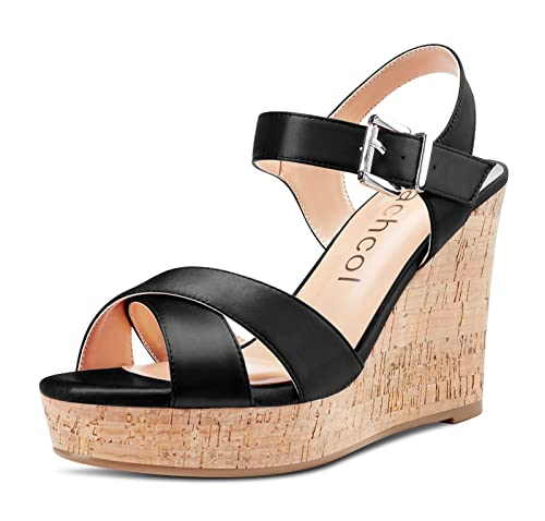 Aachcol Damen Keilabsatz Sandalen Peep Open Runde Zehenkappe Hoher High Absatz Heel Knöchelriemen Slingback Clear Dress Schuhe Cute Klassisch Hochzeit Party 10 CM Schwarz Satin 36 EU von Aachcol