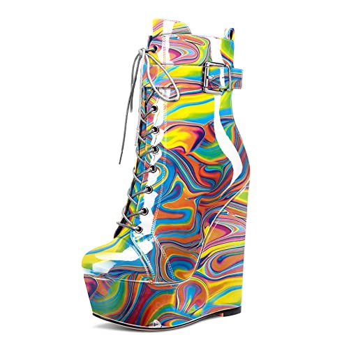 Aachcol Damen Keilabsatz Stiefeletten Mid Calf Runde Zehenkappe Chunky Blockabsatz Hoher High Absatz Heel Dress Schuhe Lackleder Schnalle Schnüren Schnürung Mehrfarbig N 15 CM 42 EU von Aachcol