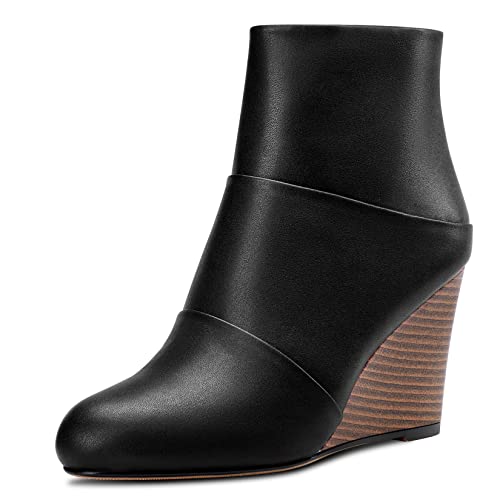 Aachcol Damen Keilabsatz Stiefeletten Runde Geschlossene Zehenkappe Hoher High Chunky Blockabsatz Absatz Heel Matt Reißverschluss Schwarz 10 CM 37 EU von Aachcol