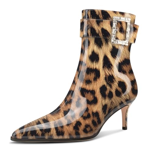 Aachcol Damen Kitten Absatz Heel Stiefeletten Spitze Zehenkappe Schnalle Diamant Kristall Mid Calf Reißverschluss 6.5 CM Heels Dress Stiefel Leopardbraun 43 EU von Aachcol