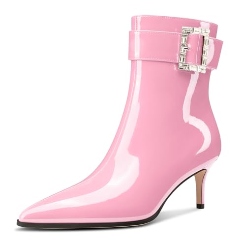 Aachcol Damen Kitten Absatz Heel Stiefeletten Spitze Zehenkappe Schnalle Diamant Kristall Mid Calf Reißverschluss 6.5 CM Heels Dress Stiefel Rosa 43 EU von Aachcol