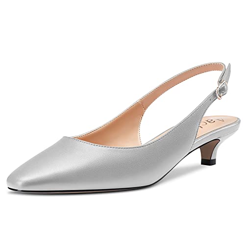 Aachcol Damen Kitten Niedrige Absatz Heel Pumps Eckige Zehenkappe Knöchelriemen Slingback Dress Schuhe Matt Büroschuhe Hochzeit Einkaufen Silber 3.5 cm 39 EU von Aachcol