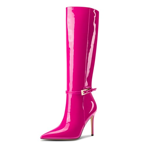 Aachcol Damen Kniehoch Stiefel Spitze Zehenkappe Stiletto Hoher High Absatz Heel Hohe Stiefel Schnalle Sexy Lange Stiefel Winter Stiefel Heißes Rosa 35 EU von Aachcol