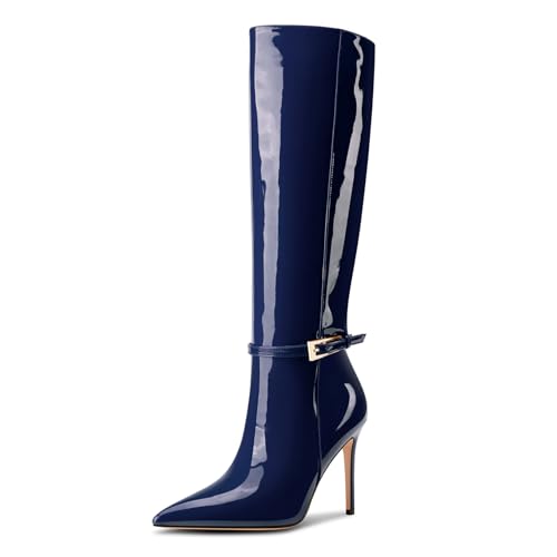 Aachcol Damen Kniehoch Stiefel Spitze Zehenkappe Stiletto Hoher High Absatz Heel Hohe Stiefel Schnalle Sexy Lange Stiefel Winter Stiefel Marineblau 35 EU von Aachcol