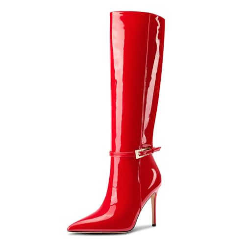 Aachcol Damen Kniehoch Stiefel Spitze Zehenkappe Stiletto Hoher High Absatz Heel Hohe Stiefel Schnalle Sexy Lange Stiefel Winter Stiefel Rot 41 EU von Aachcol