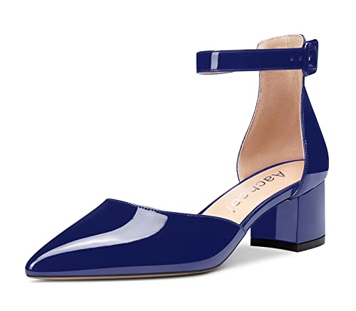Aachcol Damen Knöchelriemen Pumps Geschlossene Spitze Zehenkappe D'Orsay Two-Piece Chunky Blockabsatz Mittlerem Absatz Heel 5 cm Blau Lackleder 41 EU von Aachcol