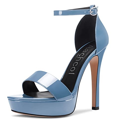 Aachcol Damen Knöchelriemen Sandalen Peep Open Zehenkappe Stiletto Hoher High Absatz Heel Party Blau Lackleder 2 11 CM 41 EU von Aachcol