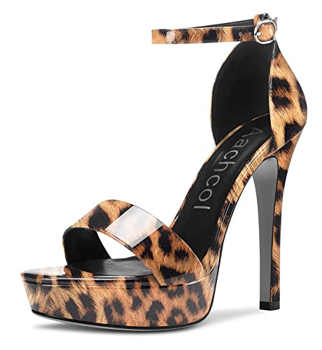 Aachcol Damen Knöchelriemen Sandalen Peep Open Zehenkappe Stiletto Hoher High Absatz Heel Party Braun Leopard 11 CM 43 EU von Aachcol