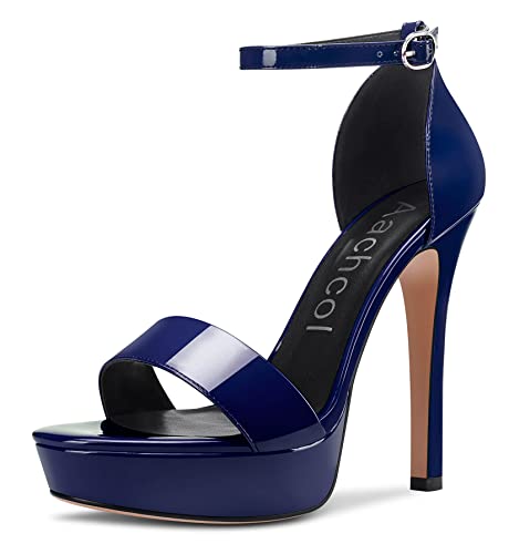 Aachcol Damen Knöchelriemen Sandalen Peep Open Zehenkappe Stiletto Hoher High Absatz Heel Party Navy Blau Lackleder 11 CM 45 EU von Aachcol