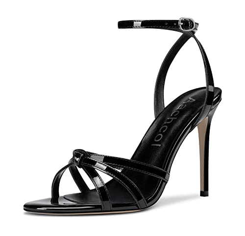 Aachcol Damen Knöchelriemen Sandalen Peep Open Zehenkappe Stiletto Hoher Slingback High Absatz Heel Schuhe Clear Sexy Dress 10 CM Schwarz Lackleder 38 EU von Aachcol