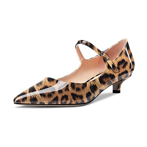 Aachcol Damen Mary Jane Kitten Niedrige Absatz Heel Pumps Spitze Zehenkappe Slip-on Dress Schuhe Party Büroschuhe Hochzeit Braun Leopard 3.5 cm 44 EU von Aachcol