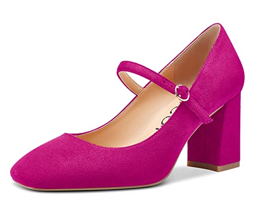 Aachcol Damen Mary Jane Pumps Geschlossene Eckige Zehenkappe Chunky Blockabsatz Mittlerem Absatz Heel Slip-on Dress Schuhe 8 cm Magenta Rot Wildleder 39 EU von Aachcol