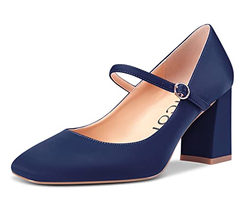 Aachcol Damen Mary Jane Pumps Geschlossene Eckige Zehenkappe Chunky Blockabsatz Mittlerem Absatz Heel Slip-on Dress Schuhe 8 cm Navy Blau Satin 38 EU von Aachcol