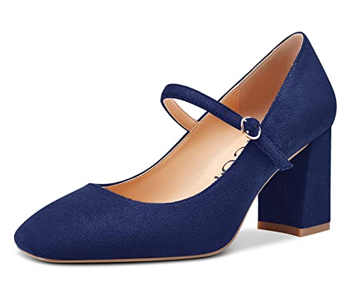 Aachcol Damen Mary Jane Pumps Geschlossene Eckige Zehenkappe Chunky Blockabsatz Mittlerem Absatz Heel Slip-on Dress Schuhe 8 cm Navy Blau Wildleder 42 EU von Aachcol