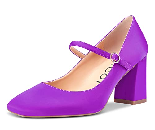 Aachcol Damen Mary Jane Pumps Geschlossene Eckige Zehenkappe Chunky Blockabsatz Mittlerem Absatz Heel Slip-on Dress Schuhe 8 cm Violett Satin 38 EU von Aachcol