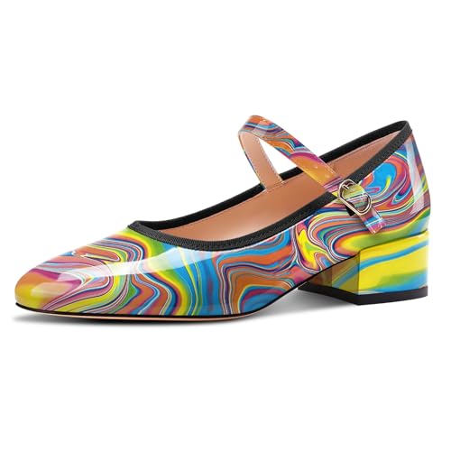 Aachcol Damen Mary Jane Schuhe Runde Zehenkappe Chunky Blockabsatz Absatz Heel Mary Jane Pumps Büroschuhe Niedrige Absatz Heel Dress Schuhe 5 cm Heels Buntes Graffiti 42 EU von Aachcol