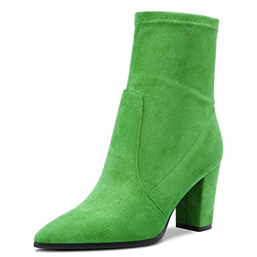 Aachcol Damen Mid Calf Stiefel Spitze Zehenkappe Hoher High Chunky Blockabsatz Absatz Heel Wildleder Reißverschluss Hellgrün 8 CM 45 EU von Aachcol