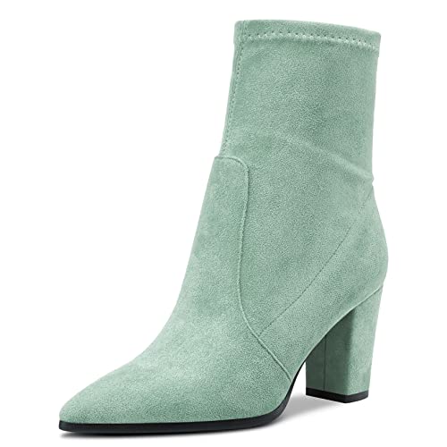 Aachcol Damen Mid Calf Stiefel Spitze Zehenkappe Hoher High Chunky Blockabsatz Absatz Heel Wildleder Reißverschluss Türkis Grün 8 CM 37 EU von Aachcol