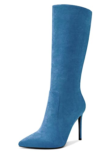 Aachcol Damen Mid Calf Stiefel Stiletto Hoher High Absatz Heel Geschlossene Spitze Zehenkappe Reißverschluss Klassisch 10 CM Blau Wildleder 36 EU von Aachcol