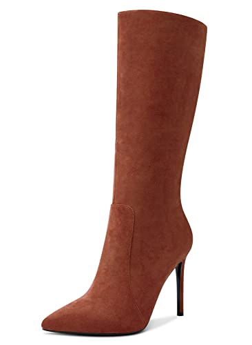 Aachcol Damen Mid Calf Stiefel Stiletto Hoher High Absatz Heel Geschlossene Spitze Zehenkappe Reißverschluss Klassisch 10 CM Braun Wildleder 45 EU von Aachcol