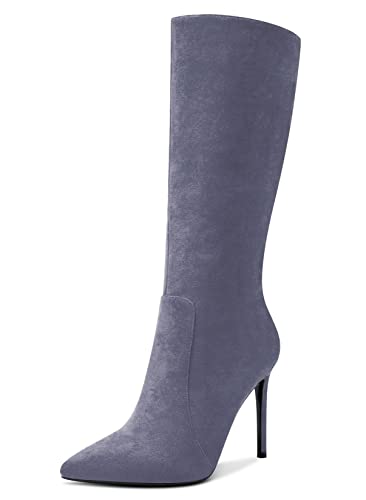 Aachcol Damen Mid Calf Stiefel Stiletto Hoher High Absatz Heel Geschlossene Spitze Zehenkappe Reißverschluss Klassisch 10 CM Grau Wildleder 36 EU von Aachcol