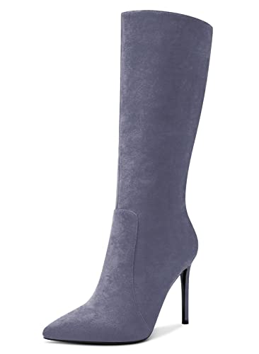 Aachcol Damen Mid Calf Stiefel Stiletto Hoher High Absatz Heel Geschlossene Spitze Zehenkappe Reißverschluss Klassisch 10 CM Grau Wildleder 38 EU von Aachcol