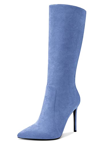 Aachcol Damen Mid Calf Stiefel Stiletto Hoher High Absatz Heel Geschlossene Spitze Zehenkappe Reißverschluss Klassisch 10 CM Hellblau Wildleder 39 EU von Aachcol