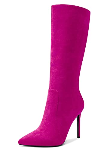 Aachcol Damen Mid Calf Stiefel Stiletto Hoher High Absatz Heel Geschlossene Spitze Zehenkappe Reißverschluss Klassisch 10 CM Magenta Rot Wildleder 44 EU von Aachcol