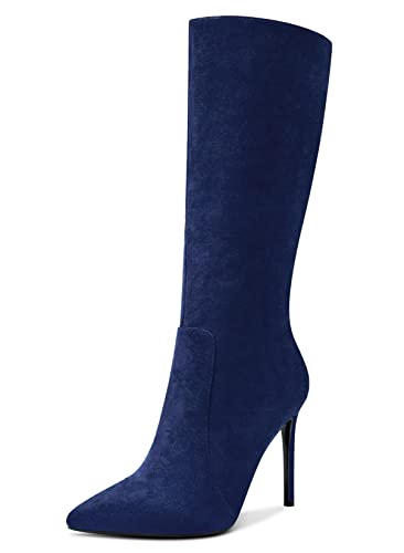 Aachcol Damen Mid Calf Stiefel Stiletto Hoher High Absatz Heel Geschlossene Spitze Zehenkappe Reißverschluss Klassisch 10 CM Navy Blau Wildleder 40 EU von Aachcol